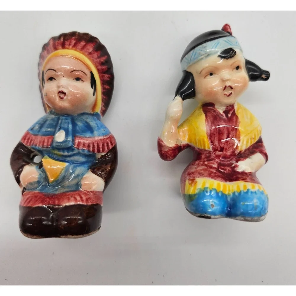 Vintage Japan Ceramic Salt and Pepper Shakers Indigenous Figures in Canoe Set